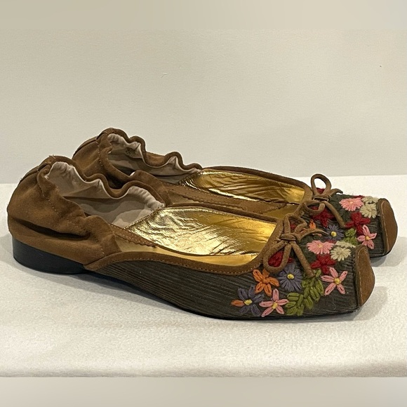 Zinc (Anthropologie) Embroidered Ballet Flats, suede, fabric, brown/multi, sz7, - Picture 3 of 14